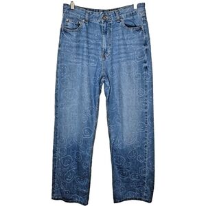 Forever 21 Happy Face Jeans Size 28 Blue Groovy Retro Wide Leg Cotton 28x29
